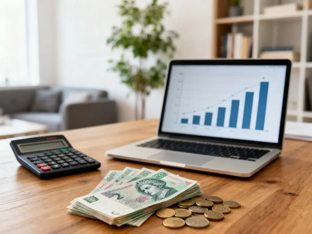 Laptop z wykresem, kalkulator i polskie banknoty na biurku, symbolizujące obliczanie pensji netto z 20000 zł brutto