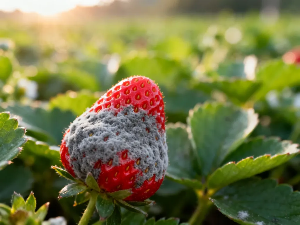 Zbliżenie na truskawkę z widocznymi objawami szarej pleśni na tle plantacji w porannym słońcu.