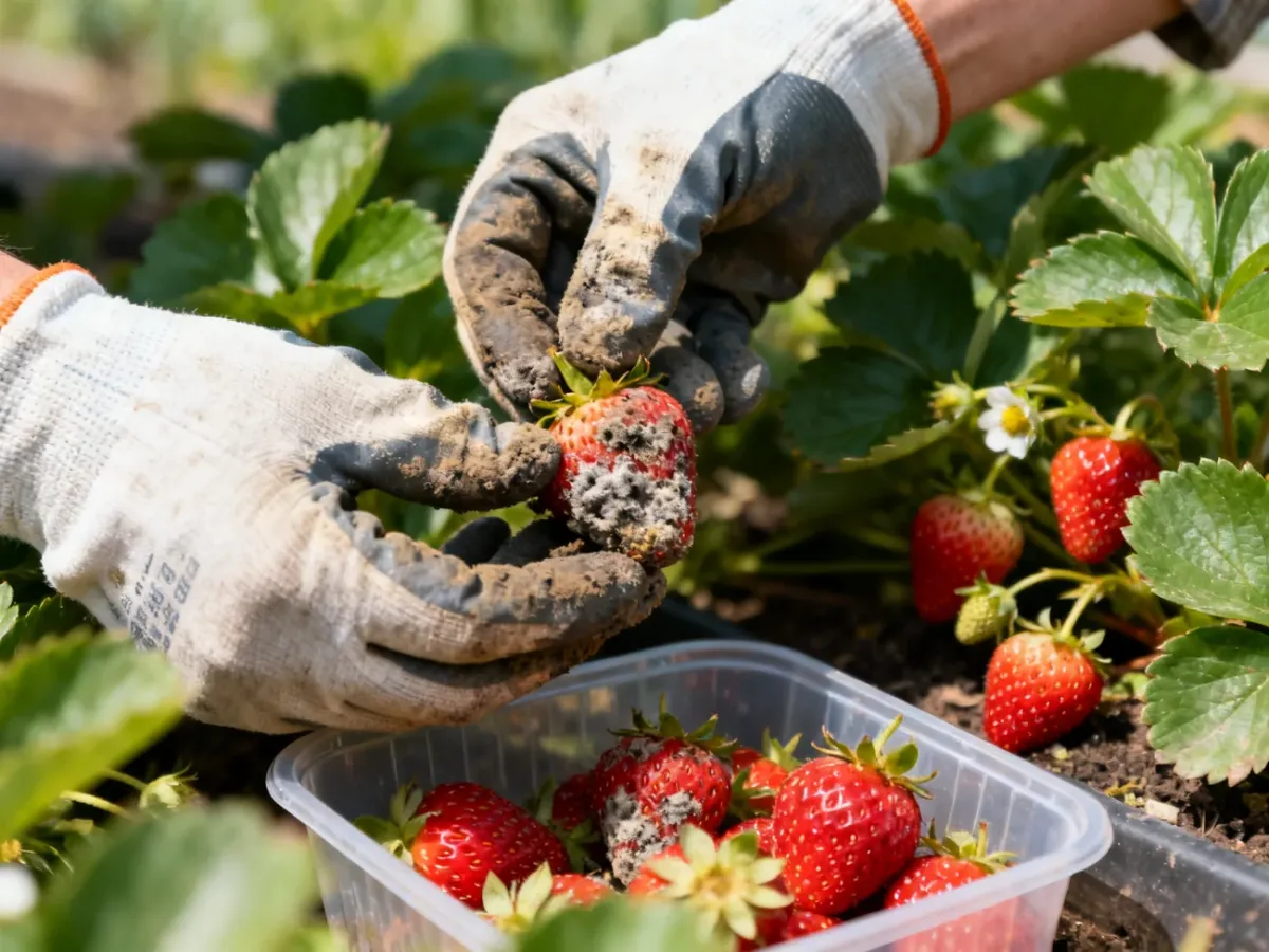 Usuwanie porażonej truskawki z plantacji
