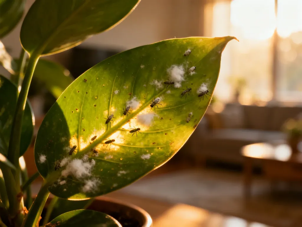 Liść rośliny doniczkowej zaatakowany przez białe wełnowce w świetle poranka. Zbliżenie ukazujące szkodniki na roślinie.