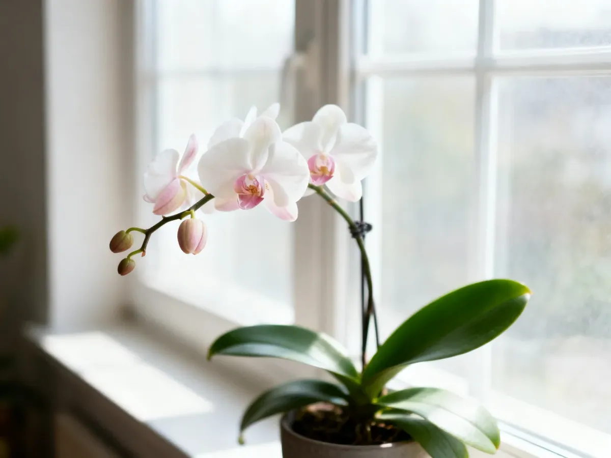 Storczyk Phalaenopsis z pąkami ustawiony przy jasnym, rozproszonym świetle